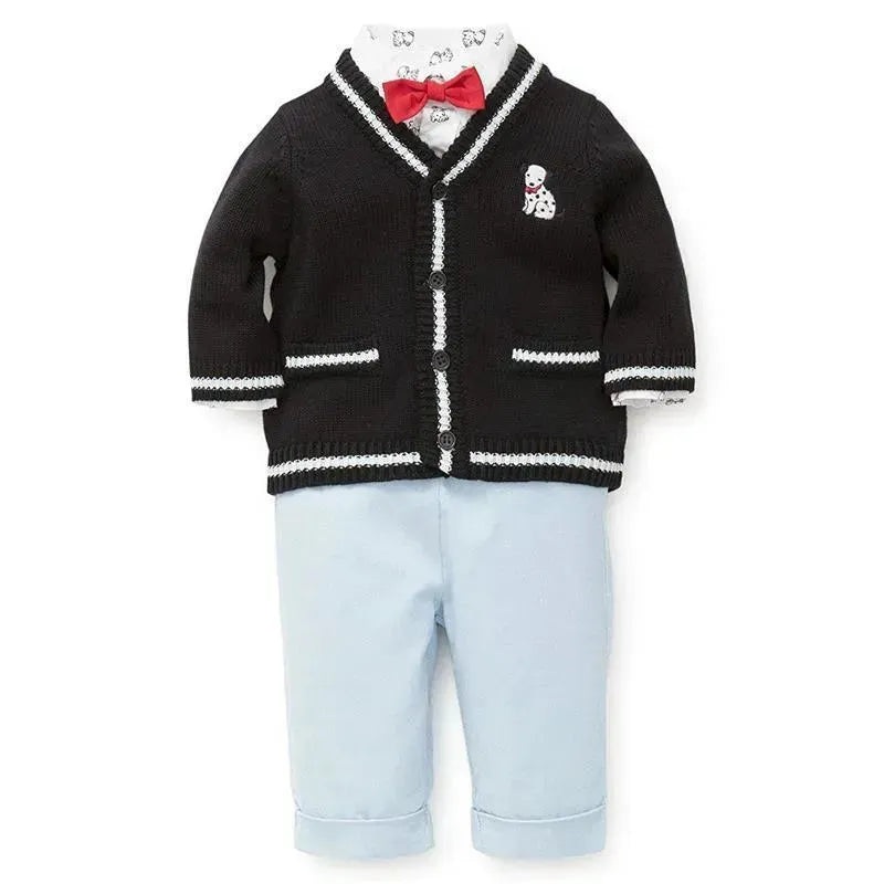 Little Me Signature Luxury Collection Baby Boys Puppy Cardigan Set 3-piece, Sweater, Pant & BowTie, Navy/Ligh Blue