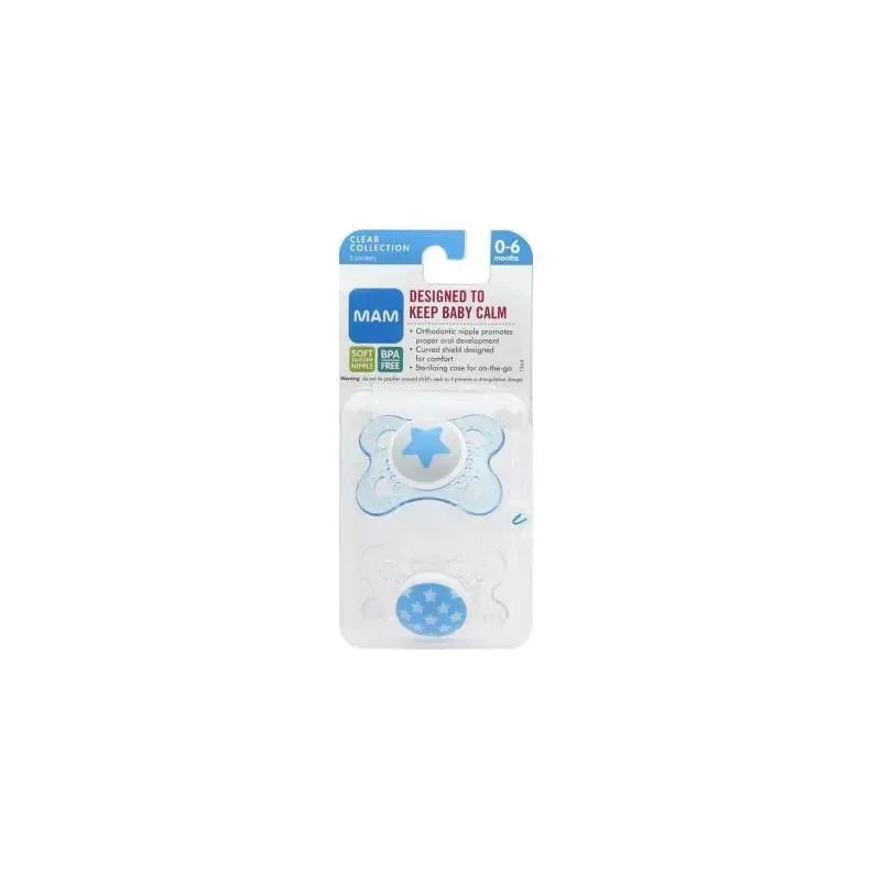 Mam Clear Orthodontic Silicone Pacifier 0-6M, Colors May Vary, 2-Pack