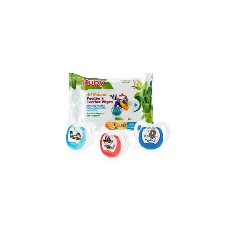 Nuby 3Pk Small Massaging Baglet Baby Pacifiers & Pacifier Wipes Set