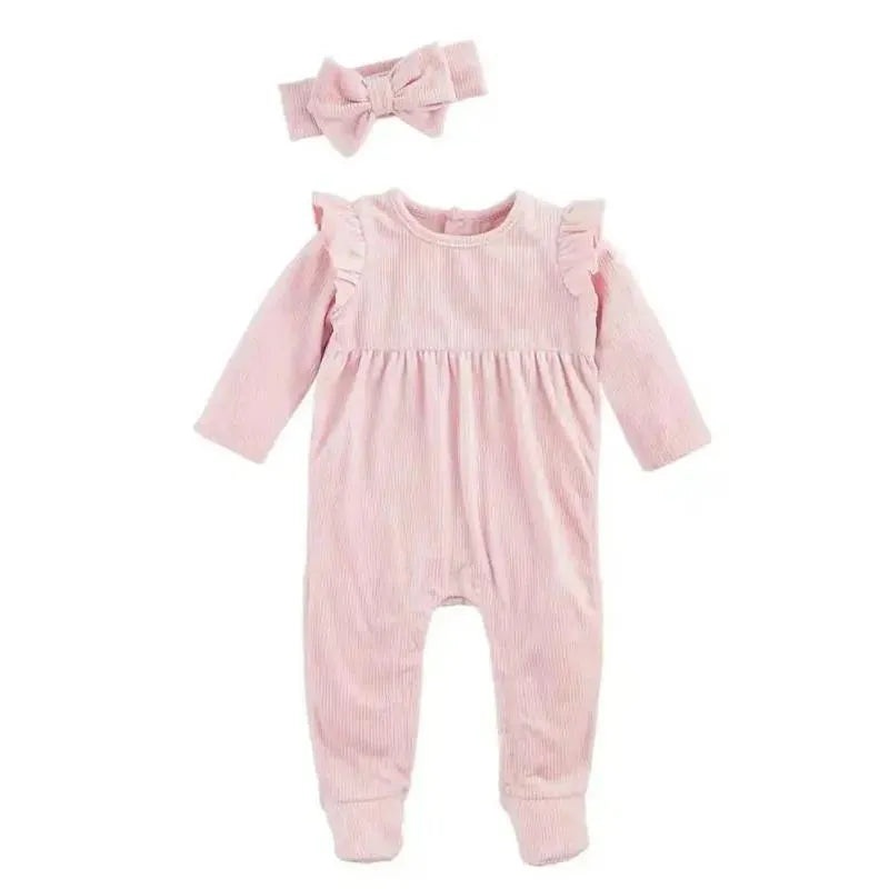 Mud Pie – Baby Girl Pink Velour Sleeper & Headband Set