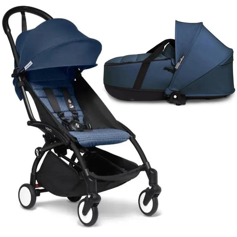 Stokke – Yoyo Stroller Bundle, Black Frame | 6+ Air France Color Pack | Navy Bassinet