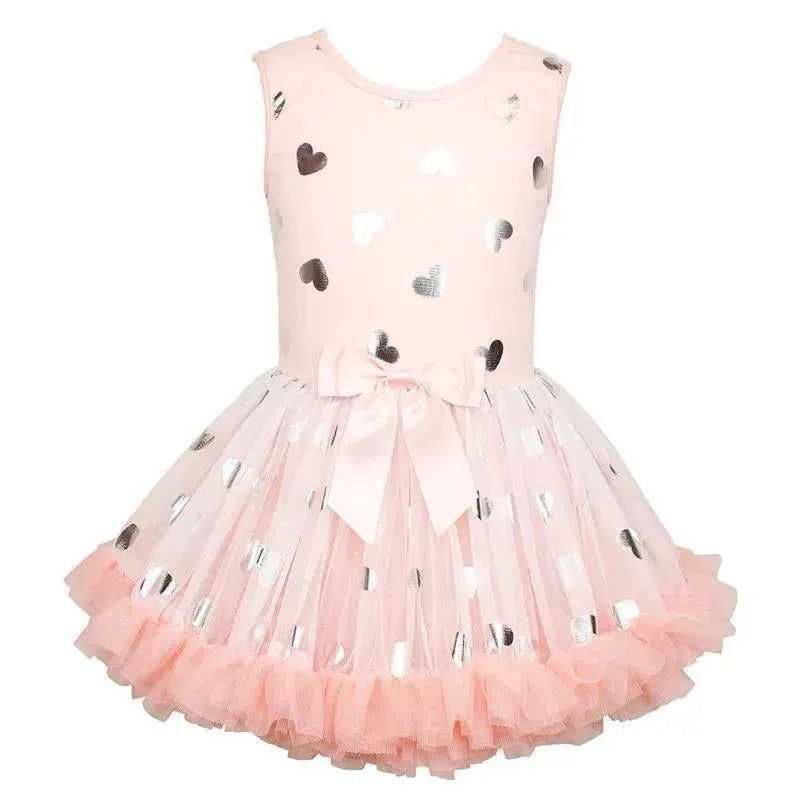 Popatu – Little Girls Metallic Heart Petti Dress, Pink