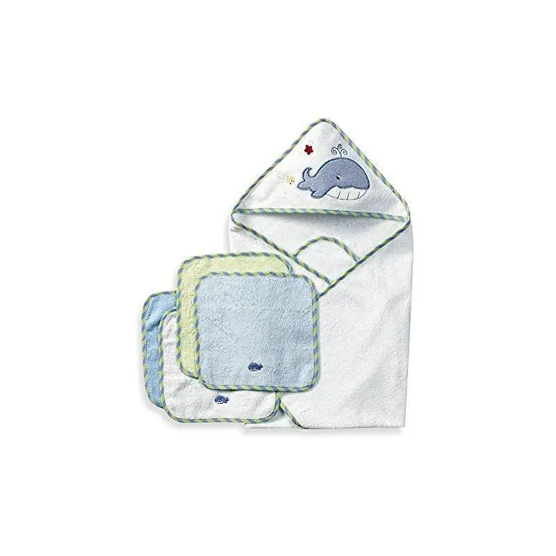 Spasilk – 4Pk Hooded Towel & 4Pk Washcloths, Blue Whale