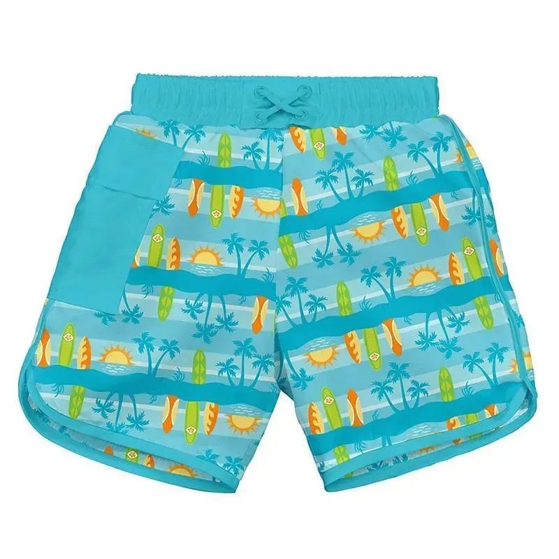 Iplay Pocket Board Shorts W/Built-In Swim Diaper – Aqua Surfboard Sunset