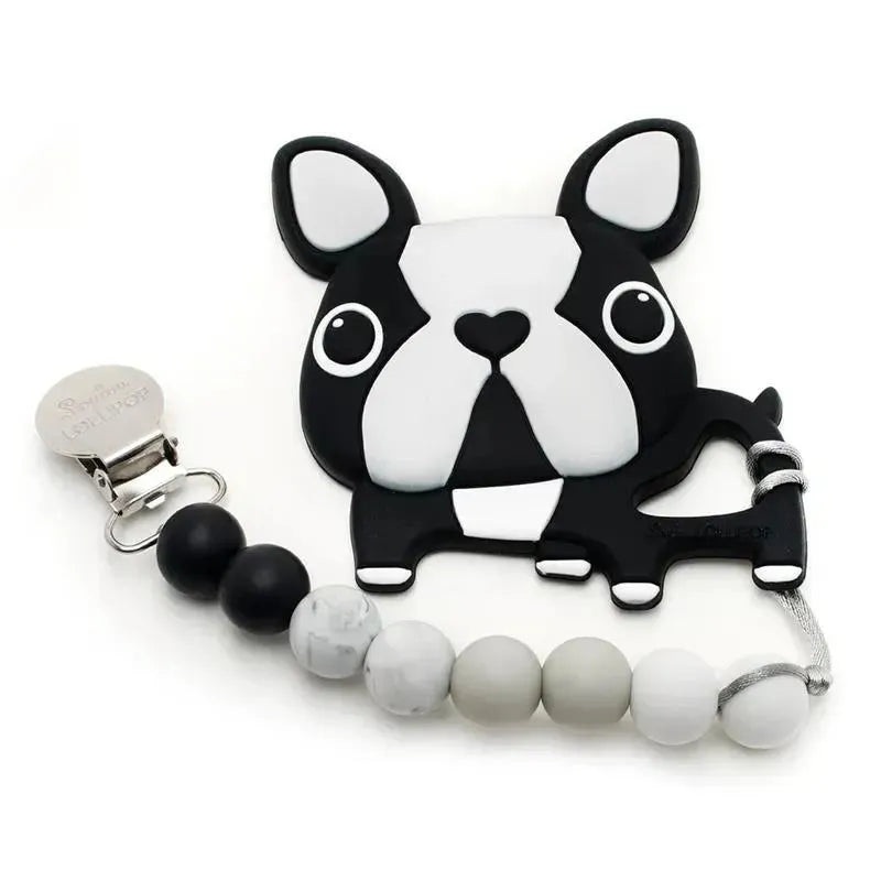 Loulou Lollipop Silicone Teether With Clip Boston Terrier Black