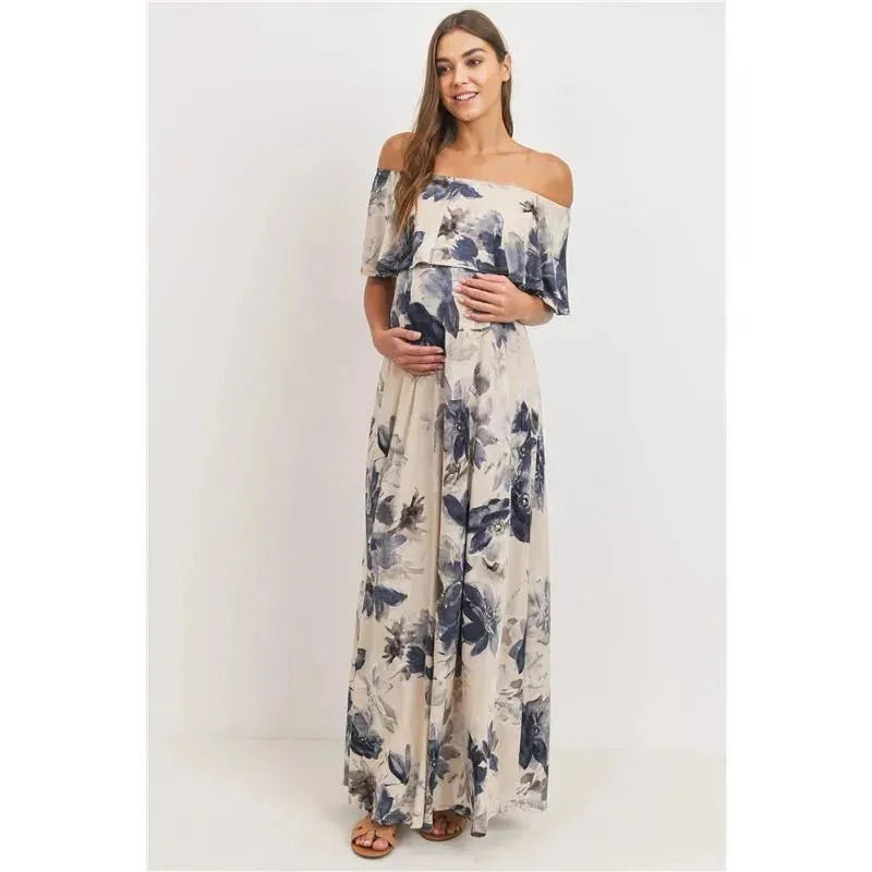 Hello Miz – Ruffle Off The Shoulder Maxi Maternity Dress, Taupe