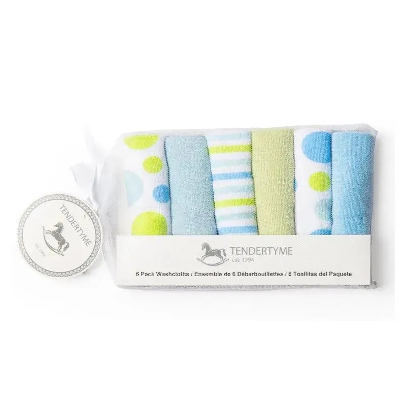 Rose Textiles Baby Washcloth Set – Blue, Green & White Circles 6 Pc