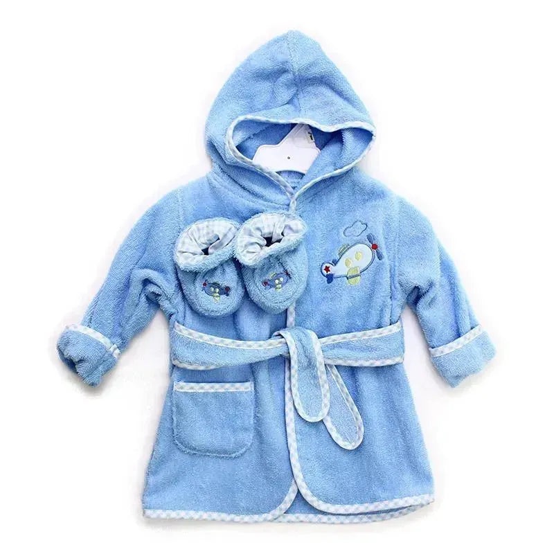 Spasilk Cotton Hooded Terry Bathrobe with Booties-Blue Plane