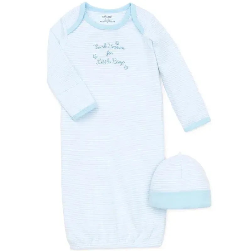 Little Me – Boy Thank Heaven Gown & Hat, Light Blue Stripe, 0/3M