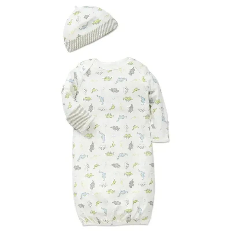 Little Me – Tiny Dinos Gown & Hat, White Print, 0/3M