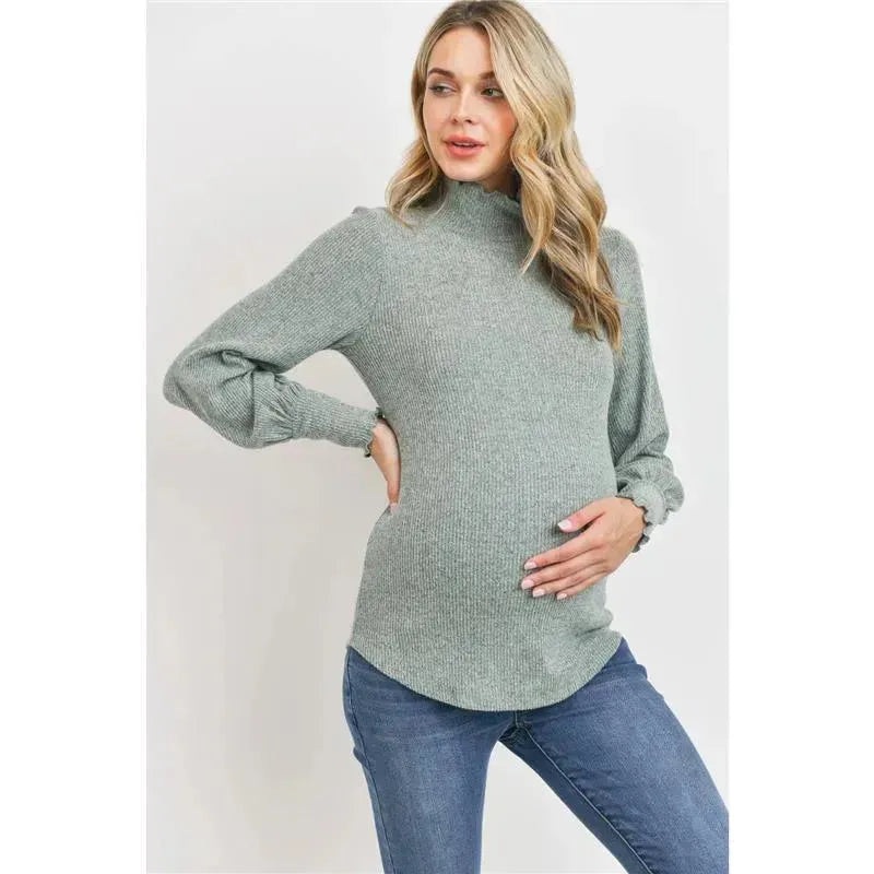 Hello Miz – Brushed Ribbed Hacci Maternity Mock Neck Top, Mint