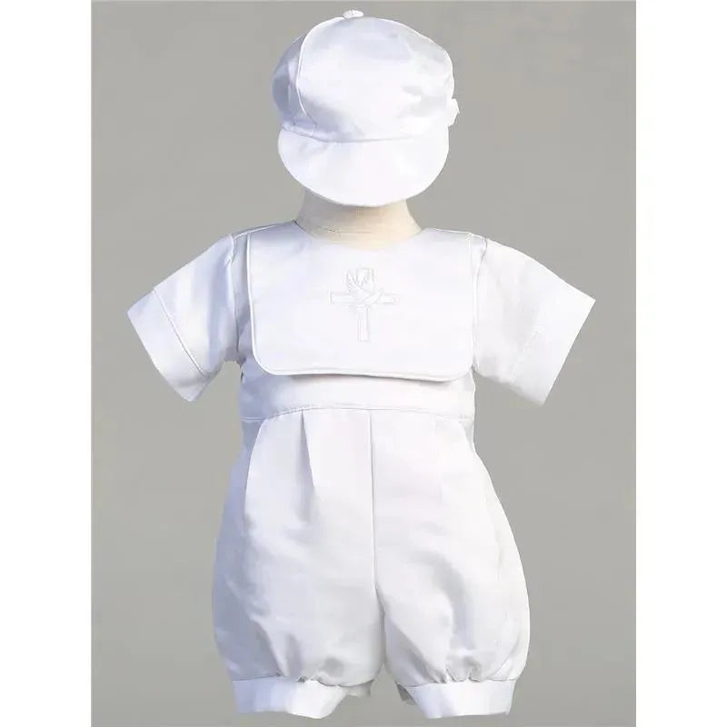 Lito – Satin Romper With Embroidered ‘Cross And Holy Spirit’ On Bib Kenneth, White, 0/3M
