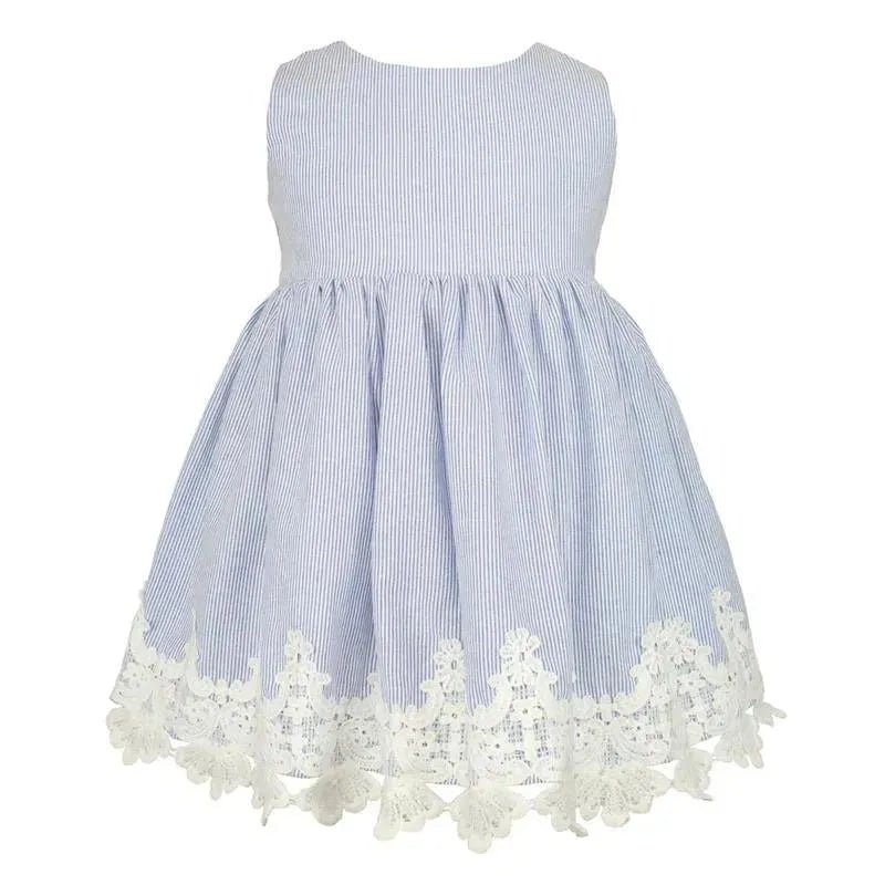 Popatu – Baby Girls Blue Stripes Lace Trim Dress