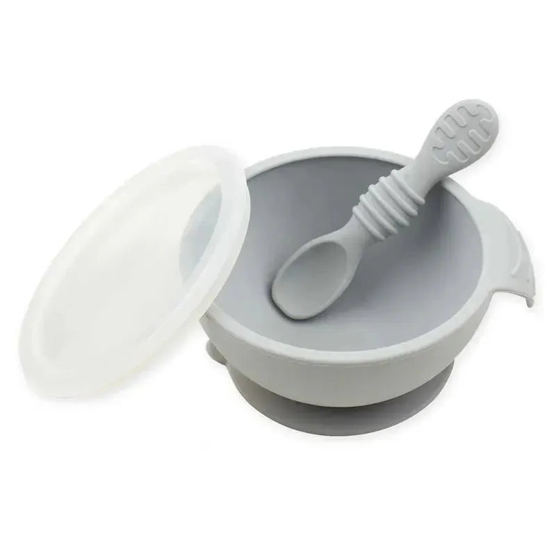 Bumkins – Silicone First Feeding Set with Lid & Spoon, Gray