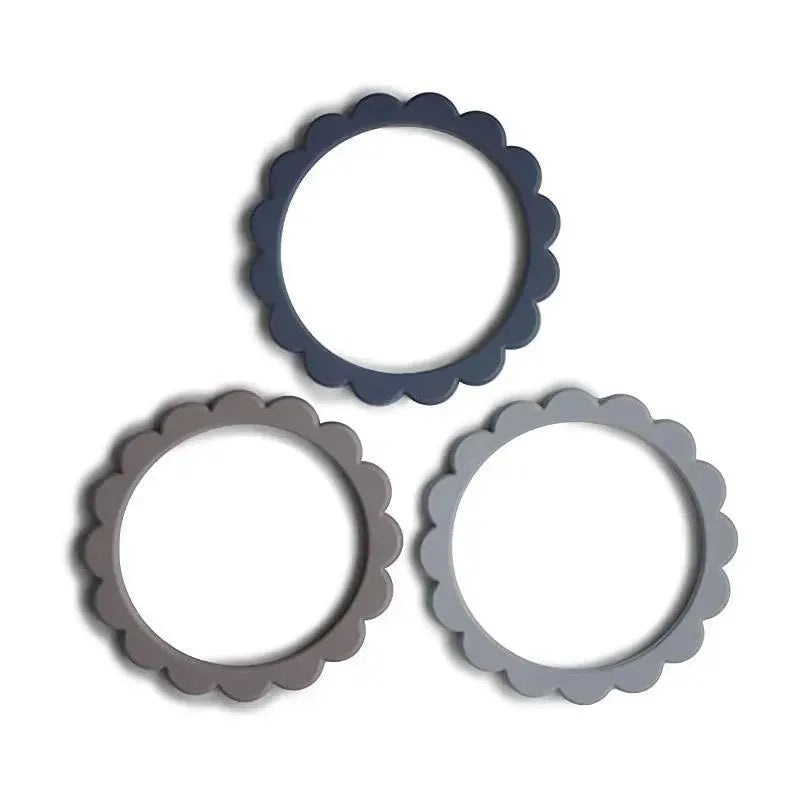 Mushie Silicone Baby Flower Teether Bracelet 3 Pack Steel/Dove Gray/Stone