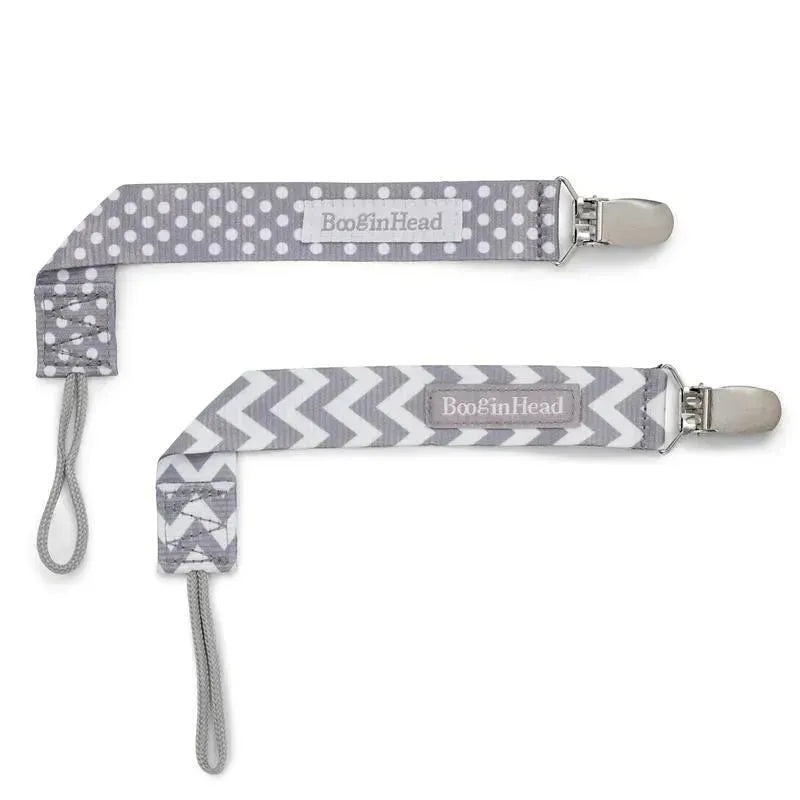 Booginhead – Pacifier Clip Pacigrip 2Pk, Grey Chevron/Dots