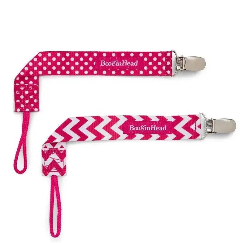Booginhead – Pacifier Clip Pacigrip 2Pk, Pink Chevron