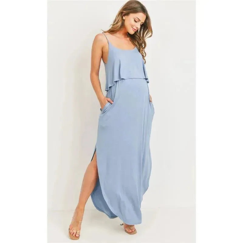 Hello Miz – Solid Maternity Nursing Maxi Dress, Chambray