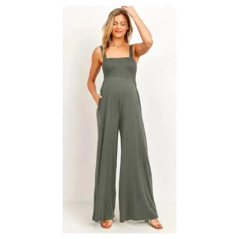Hello Miz – Square Neck Smocked Maternity Flared Jumpsuit, Olive