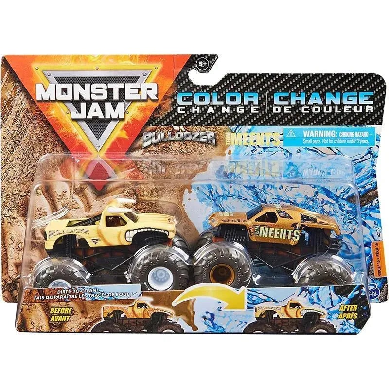 Spin Master Monster Jam, Color-Changing Die-Cast Monster Trucks 2-Pack, 1:64 Scale Bulldozer vs. Team Meents (Styles May Vary)