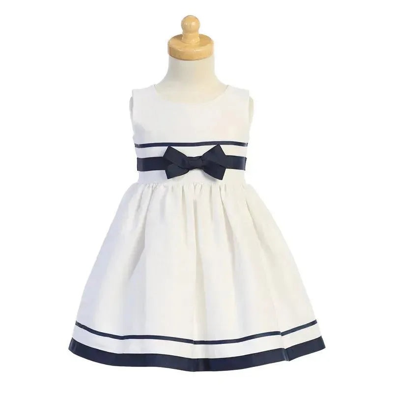 Lito – Baby Girl Rayon Linen Dress With Bow, White/Navy
