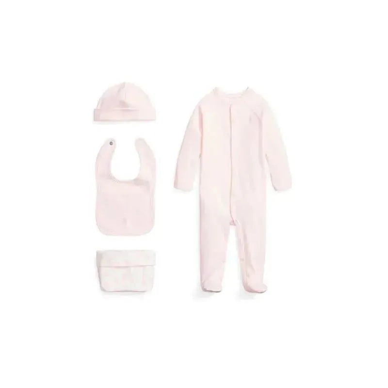 Polo Ralph Lauren Baby – 4Pk Long-Sleeve Interlock Coverall, Bib, Beanie & Print Knit Caddy, Delicate Pink
