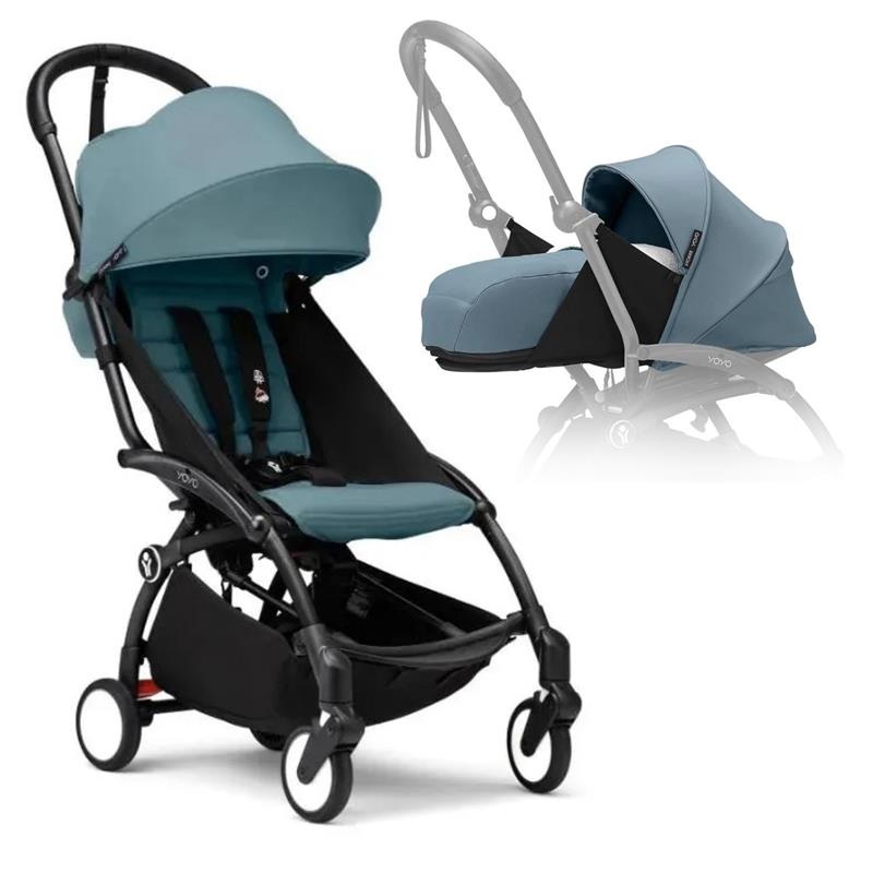 Stokke – Yoyo Stroller Bundle, Black Frame | Aqua 6+ Color Pack | Aqua Newborn Pack