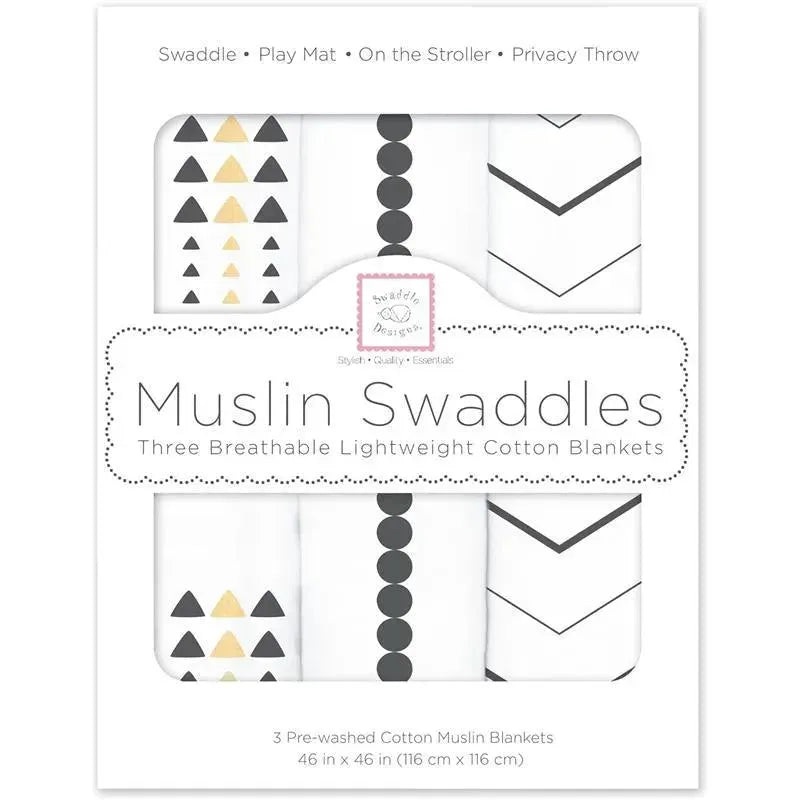 Swaddle Designs – 3Pk Muslin Swaddle Blankets, Gold & Graphite