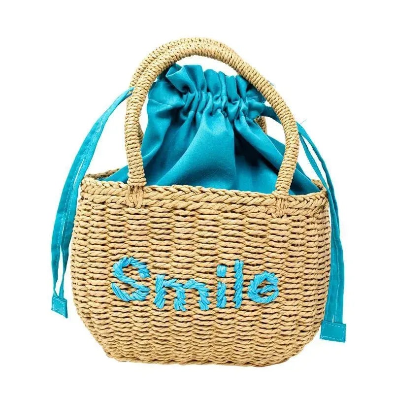 Tiny Treats – Girls Wicker Basket Message Handbag, Smile Teal