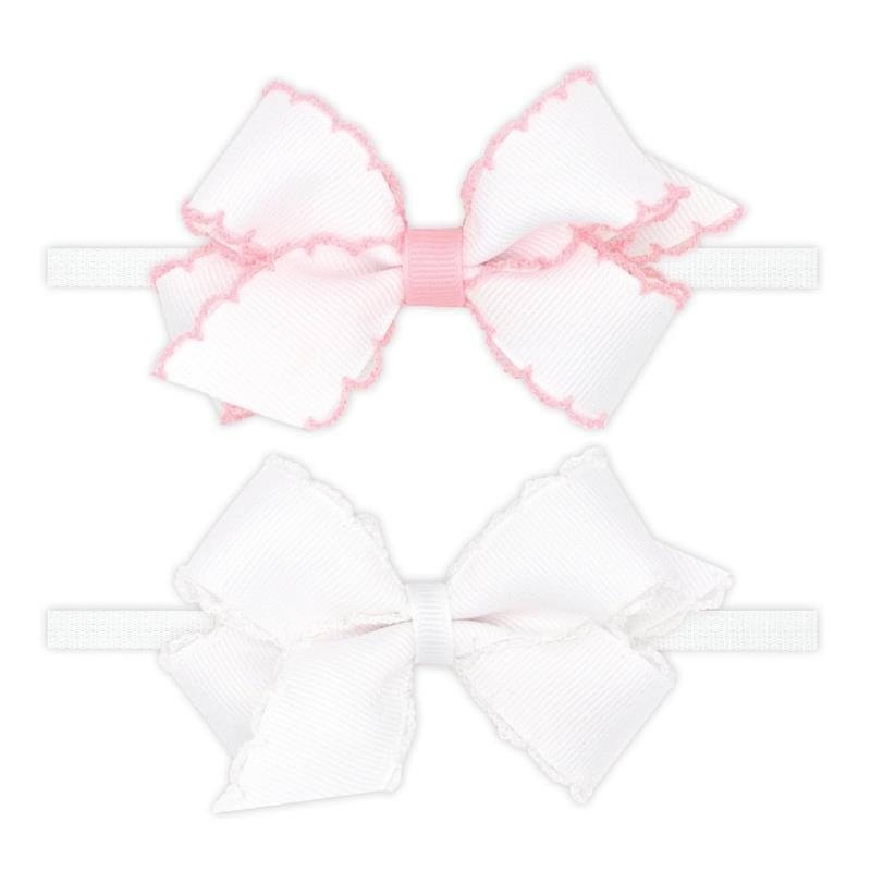 Wee Ones – 2Pk Mini Moonstitch Grosgrain Bows on Skinny Nylon Band, Mini, Light Pink & White