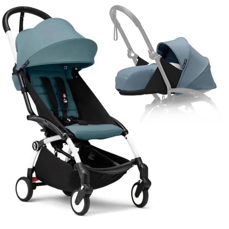 Stokke – Yoyo Stroller Bundle, Black And White Frame | Aqua 6+ Color Pack | Aqua Newborn Pack