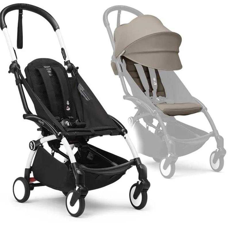 Stokke – Yoyo Stroller Bundle, Black And White Frame & Taupe 6+ Color Pack