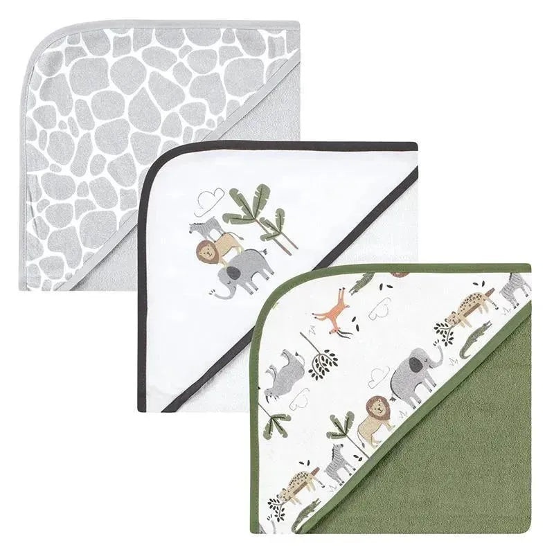 Baby Vision – 3Pk Hudson Baby Cotton Rich Hooded Towels, Safari Life