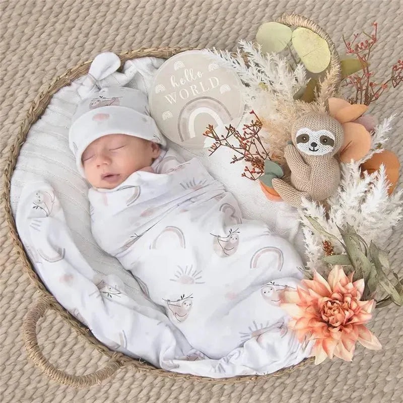 Living Textiles – Baby Gift Set, Hello World, Premium Cotton Jersey Swaddle and Beanie, Rainbow Sloth