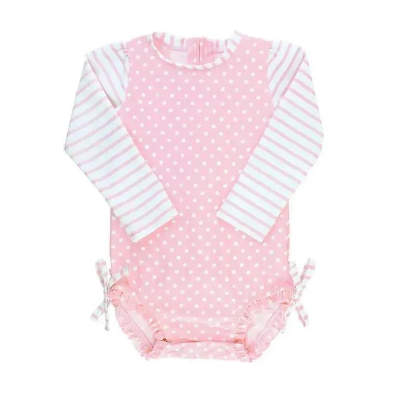 RuffleButts – Baby Girl Long Sleeve One Piece Rash Guard, Pink Polka