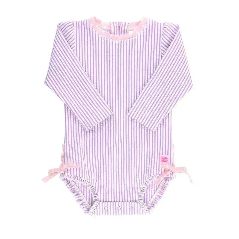 RuffleButts – Baby Girl Seersucker One Piece Rash Guard, Lilac