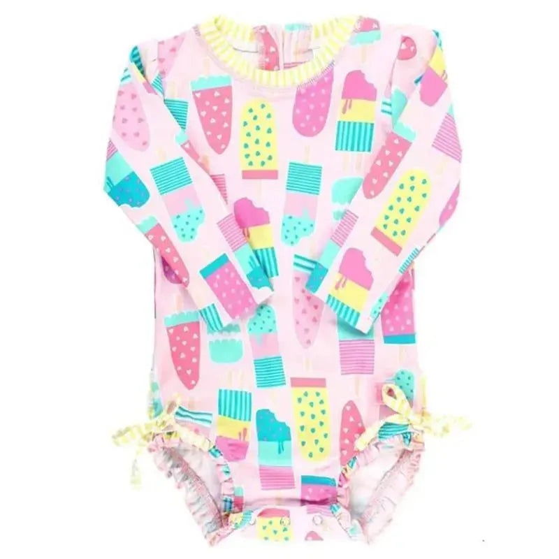 RuffleButts – Baby Girl Social One Piece Rash Guard, Ice Cream
