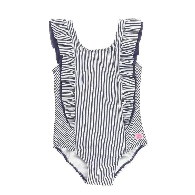 RuffleButts – Baby Girl Stripe Waterfall One Piece, Navy