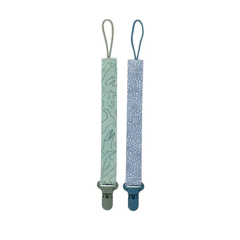 Nuby – 2Pk Boy Printed Fabric Pacifier Clip Holder With Plastic Clip, Blue Dots/ Green Dino