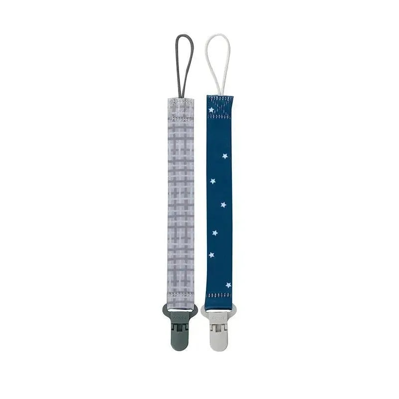 Nuby – Boy 2Pk Printed Fabric Pacifier Clip Holder With Plastic Clip, Gray Plaid/Blue Stars