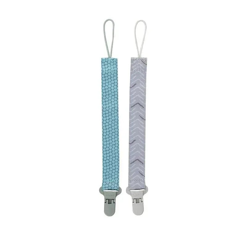 Nuby – Boy 2Pk Printed Fabric Pacifier Clip Holder With Plastic Clip, Green Dots/Gray Arrows
