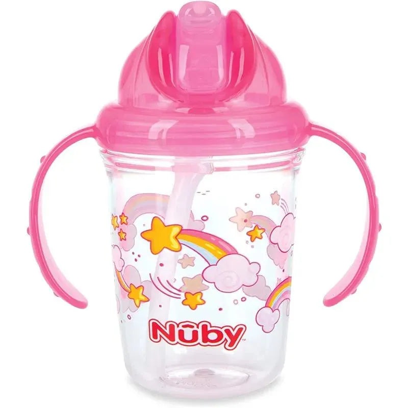 Nuby – Pink Tritan 2 Handle No-Spill Flip-it Fat Straw Printed Cup, 8Oz