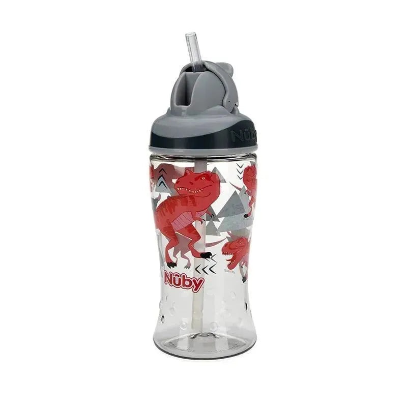 Nuby – Thirsty Kids 12Oz No Spill Thin Straw Printed Flip-It Boost, Grey