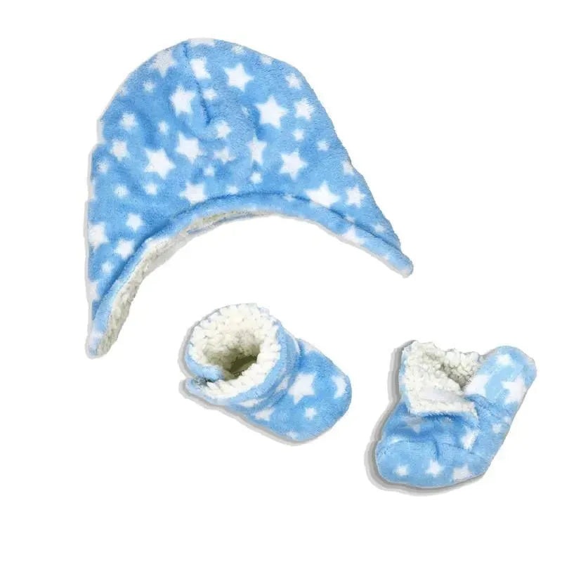 Rose Textiles – Baby Boy All Over Print Plush Hat & Bootie Set, Blue