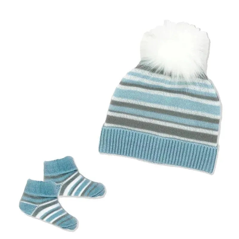 Rose Textiles – Baby Boy Blue Striped Knit Hat & Bootie Set