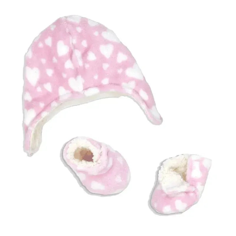 Rose Textiles – Baby Girl All Over Print Plush Hat & Bootie Set, Pink