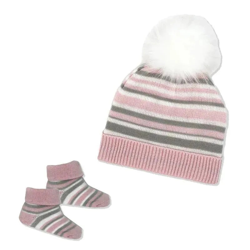 Rose Textiles – Baby Girl Pink Striped Knit Hat & Bootie Set