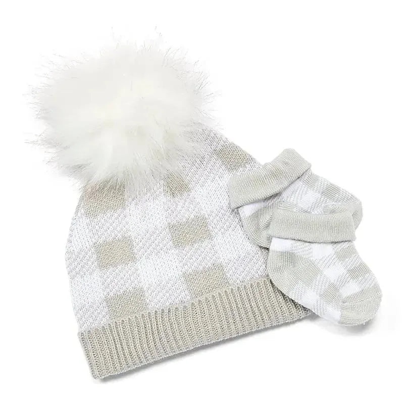 Rose Textiles – Grey Buffalo Check Faux Fur Pom-Pom Beanie & Bootie