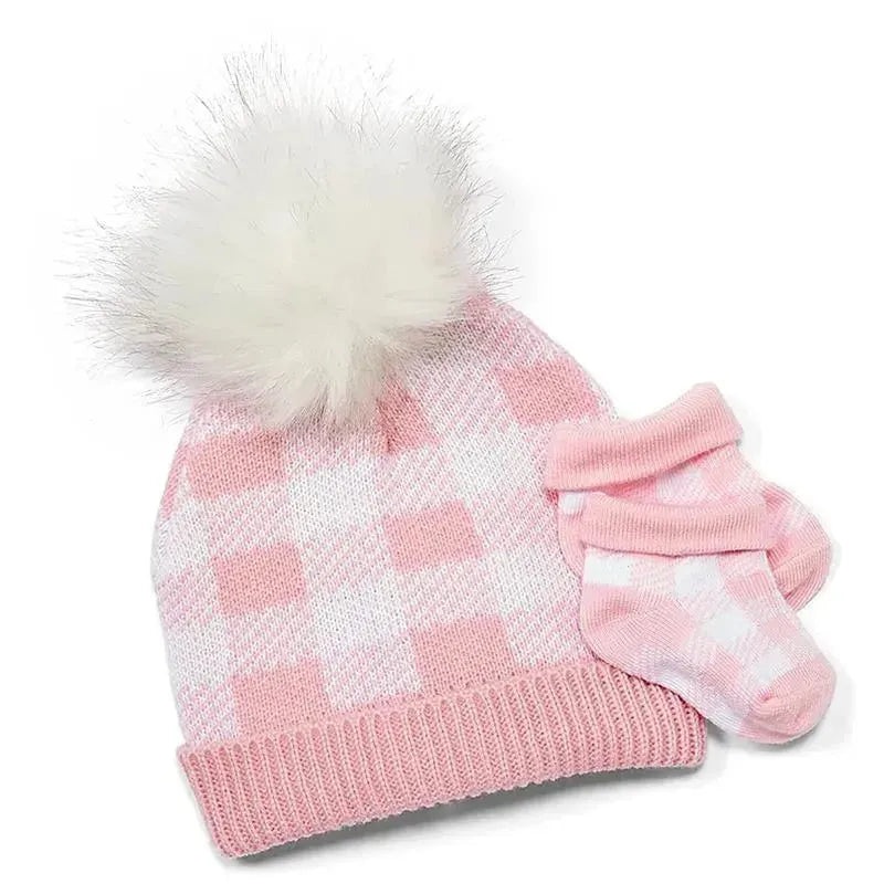 Rose Textiles – Pink Buffalo Check Faux Fur Pom-Pom Beanie & Booties