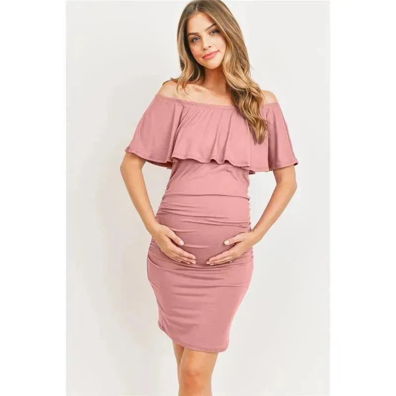 Hello Miz – Off Shoulder Ruffled Maternity Mini Dress, Mauve
